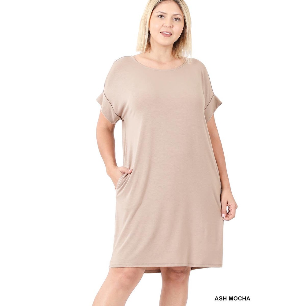 Women's Plus Rolled Short Sleeve Round Neck Dress